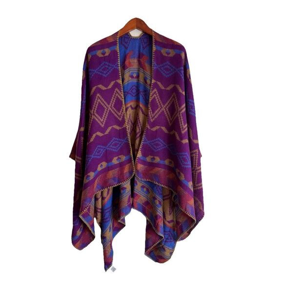 Eddie Bauer Vesper Aztec Shawl Wrap Poncho One Size Purple Blue Boho Reversible - Picture 2 of 7